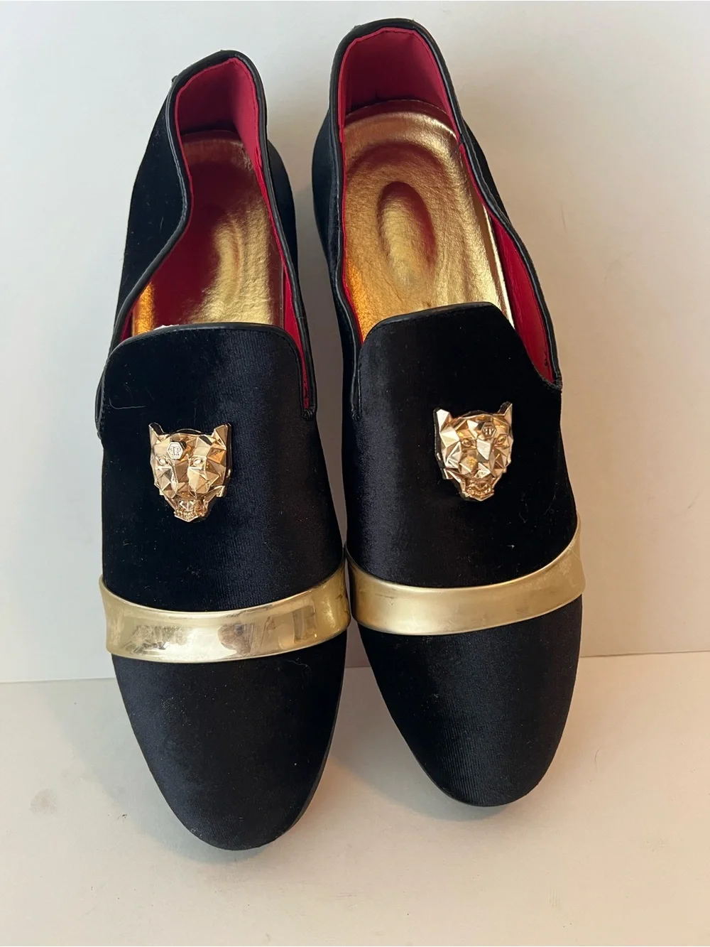 Men's Black Velvet Formal Loafers with Gold Toe Band & Medusa Crest - Size 44 (U